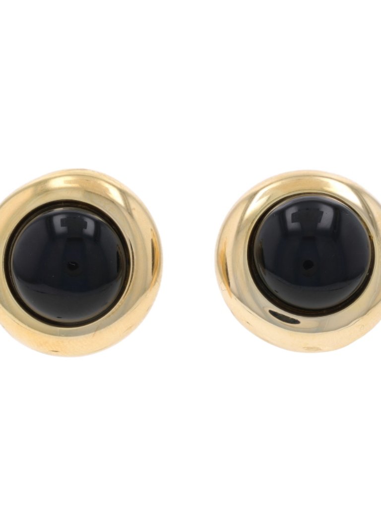 Yellow Gold Onyx Stud Earrings - 14k Round Cabochon Pierced